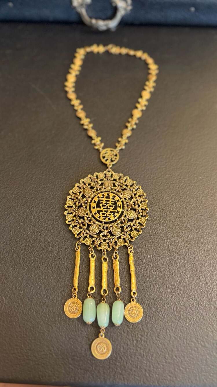 Vintage Goldette Asian Inspired Statement Pendant Necklace